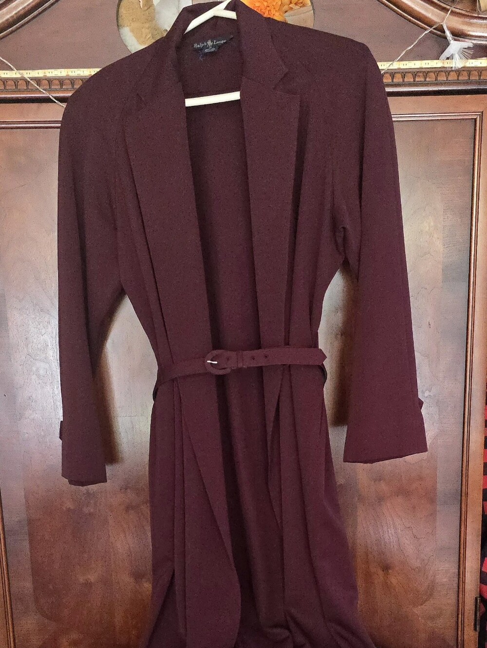 Vintage 80s Polo Ralph Lauren Burgundy Wool Belted Duster Trench Coat 8